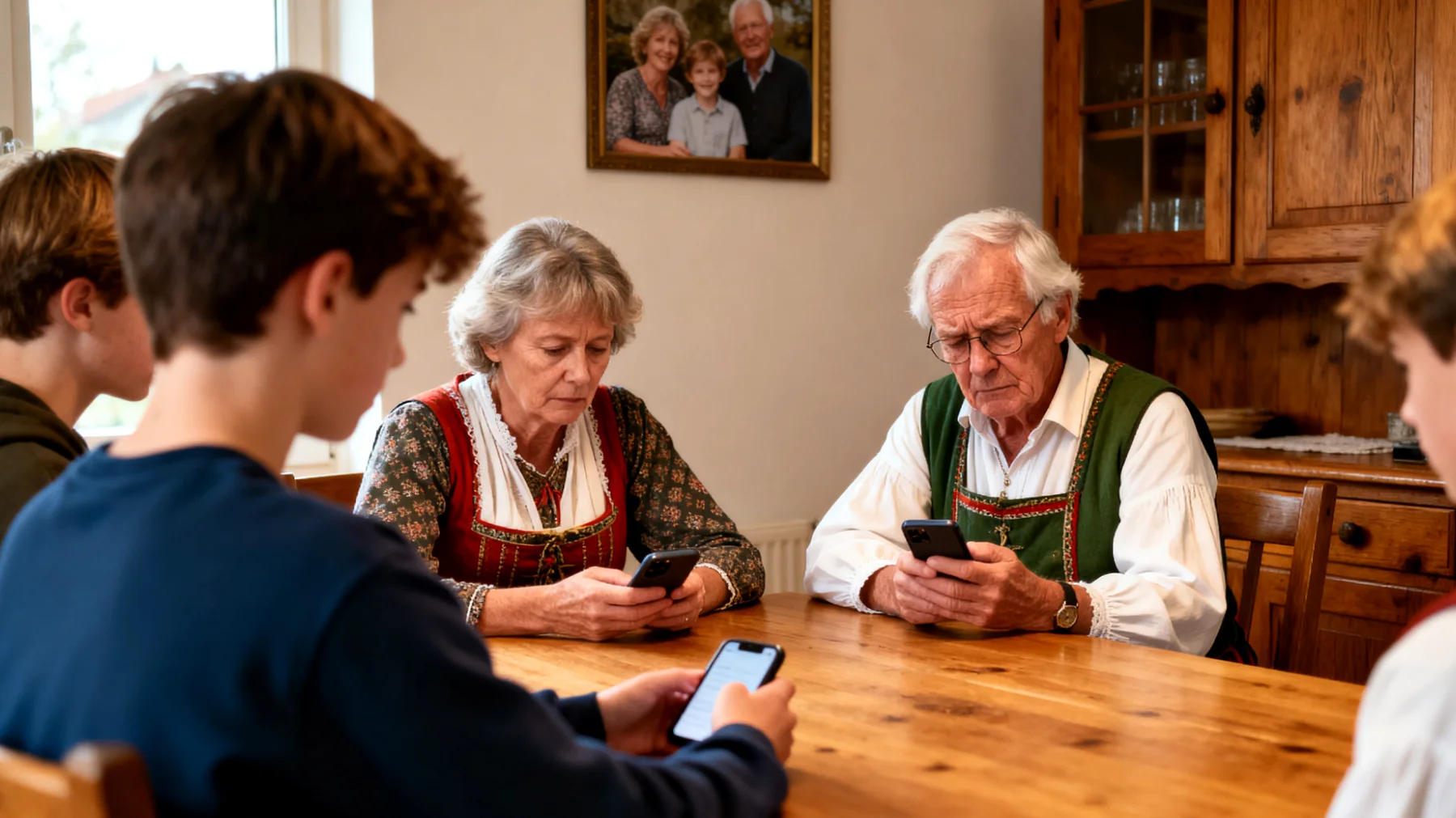 Grootouders ervaren moeizame communicatie met hun adolescente kleinkinderen, waarbij gesprekken oppervlakkig blijven of volledig vastlopen door generatieverschillen en veranderende communicatiestijlen"