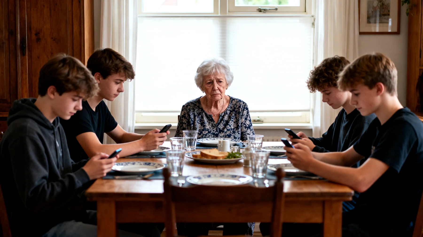 Oma maakt zich zorgen over het overmatige gebruik van smartphones en sociale media door haar jongvolwassen kleinkinderen, wat de kwaliteit van hun onderlinge relatie en communicatie beïnvloedt tijdens familiebezoeken en momenten samen."