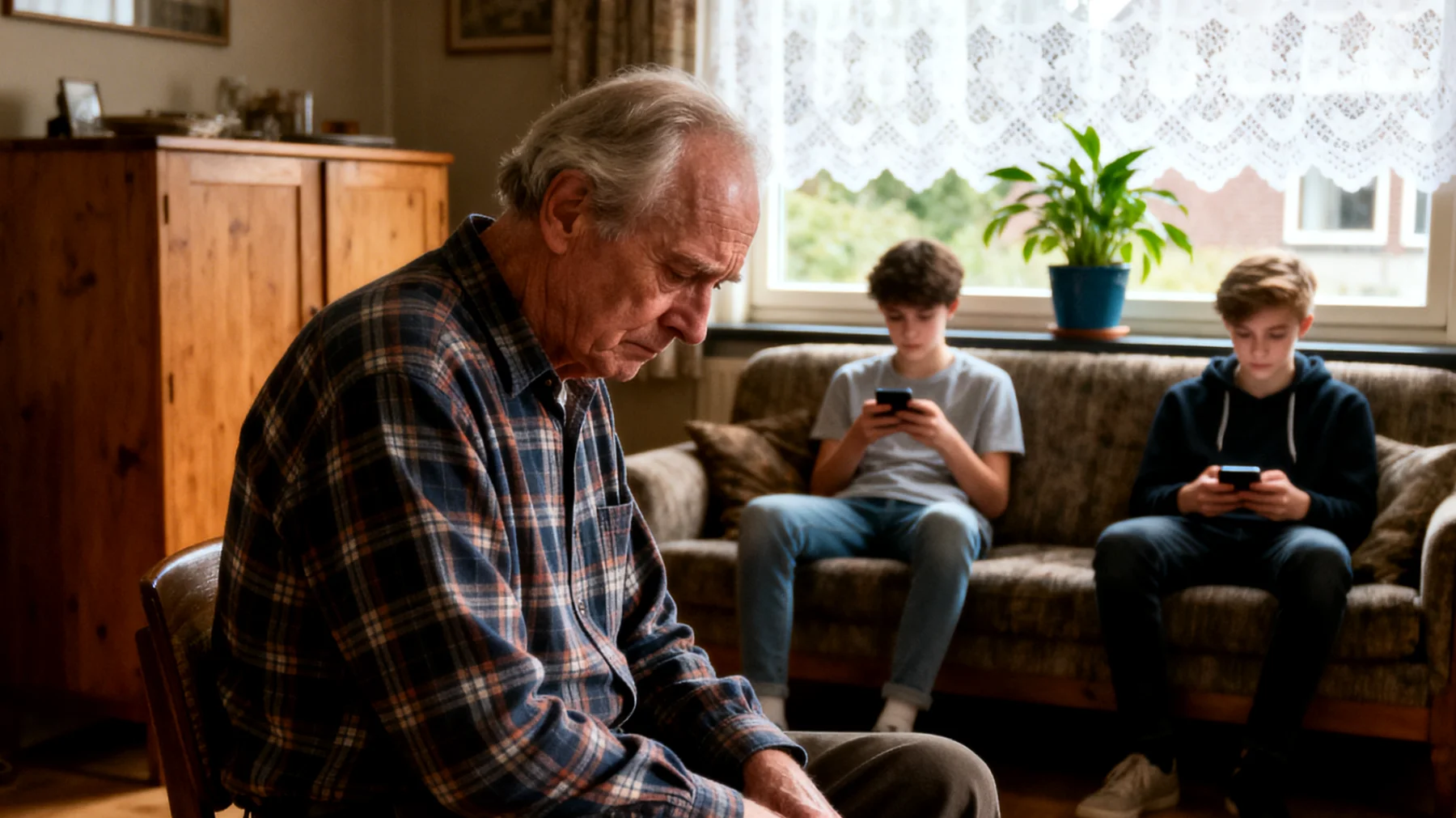 Opa ervaart dat zijn adolescente kleinkinderen emotioneel afstandelijk zijn geworden en te veel autonomie tonen, waardoor de band verzwakt en er weinig persoonlijk contact meer is"