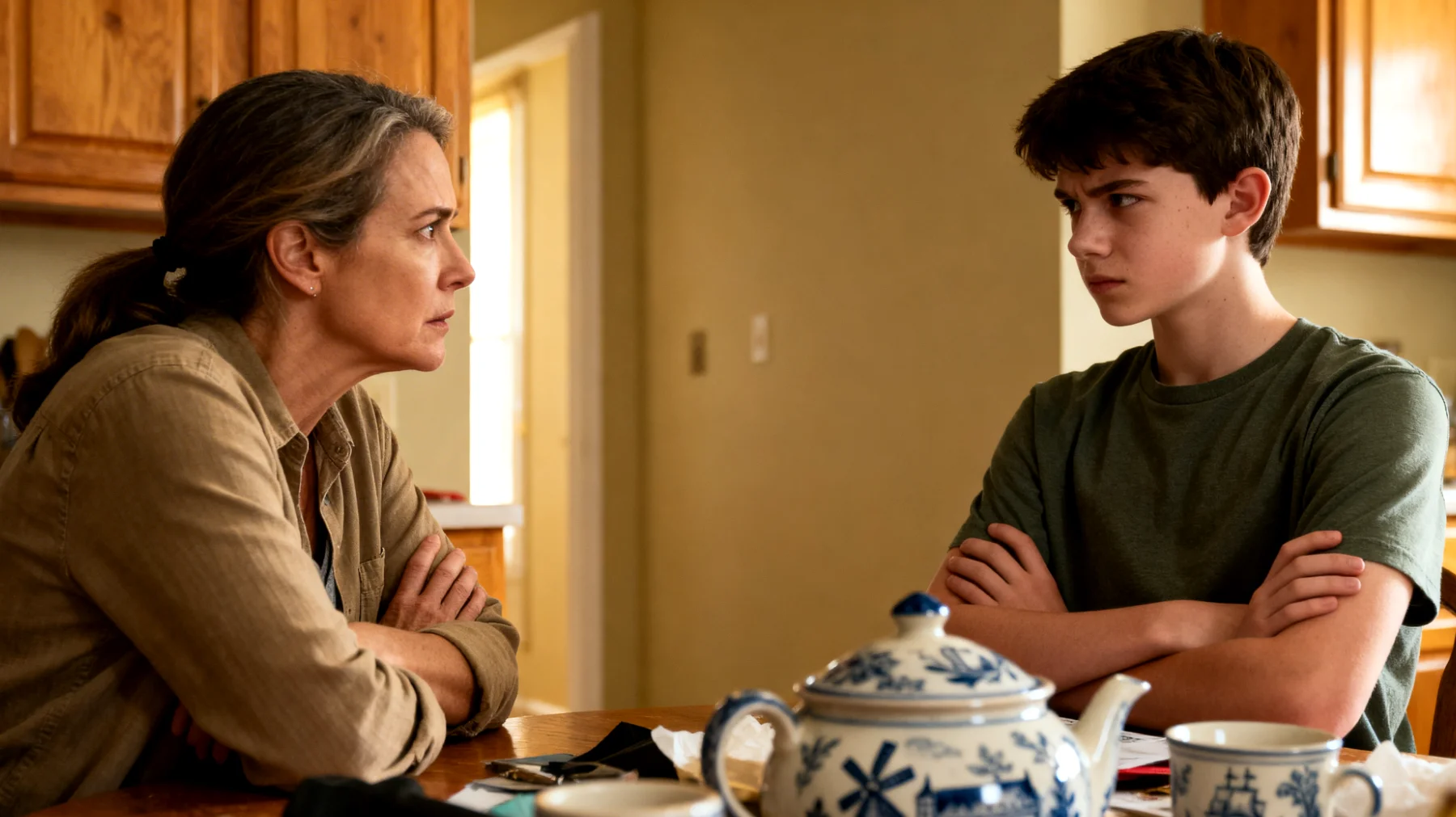 Ouders worstelen met conflicten over regels en grenzen met hun adolescente kinderen, waarbij spanningen ontstaan over afspraken, huisregels en gedragsverwachtingen die leiden tot meningsverschillen en machtsstrijd binnen het gezin"