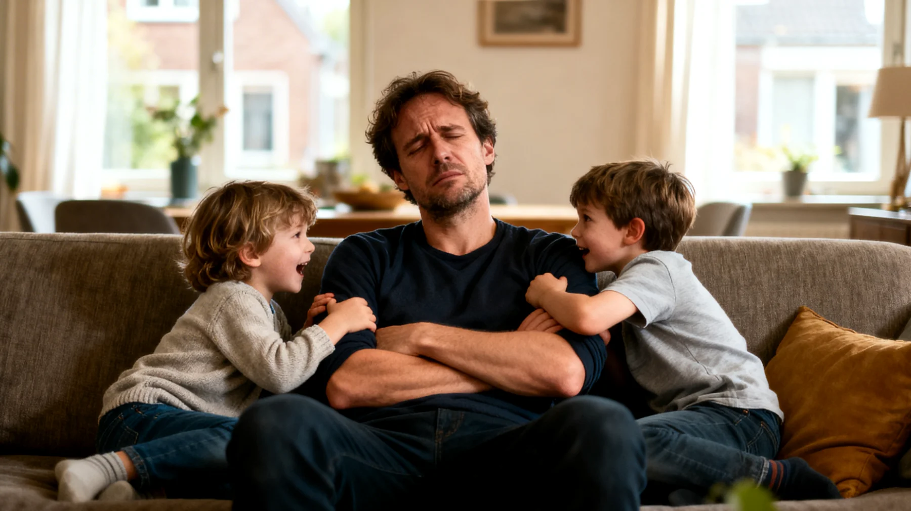 Vader ervaart dat zijn jonge kinderen overdreven afhankelijk zijn van hem, waardoor hij zich emotioneel uitgeput voelt en moeite heeft om persoonlijke ruimte te vinden. De kinderen vertonen klamgedrag, vragen constant om aandacht en kunnen moeilijk zelfstandig spelen of activiteiten ondernemen."