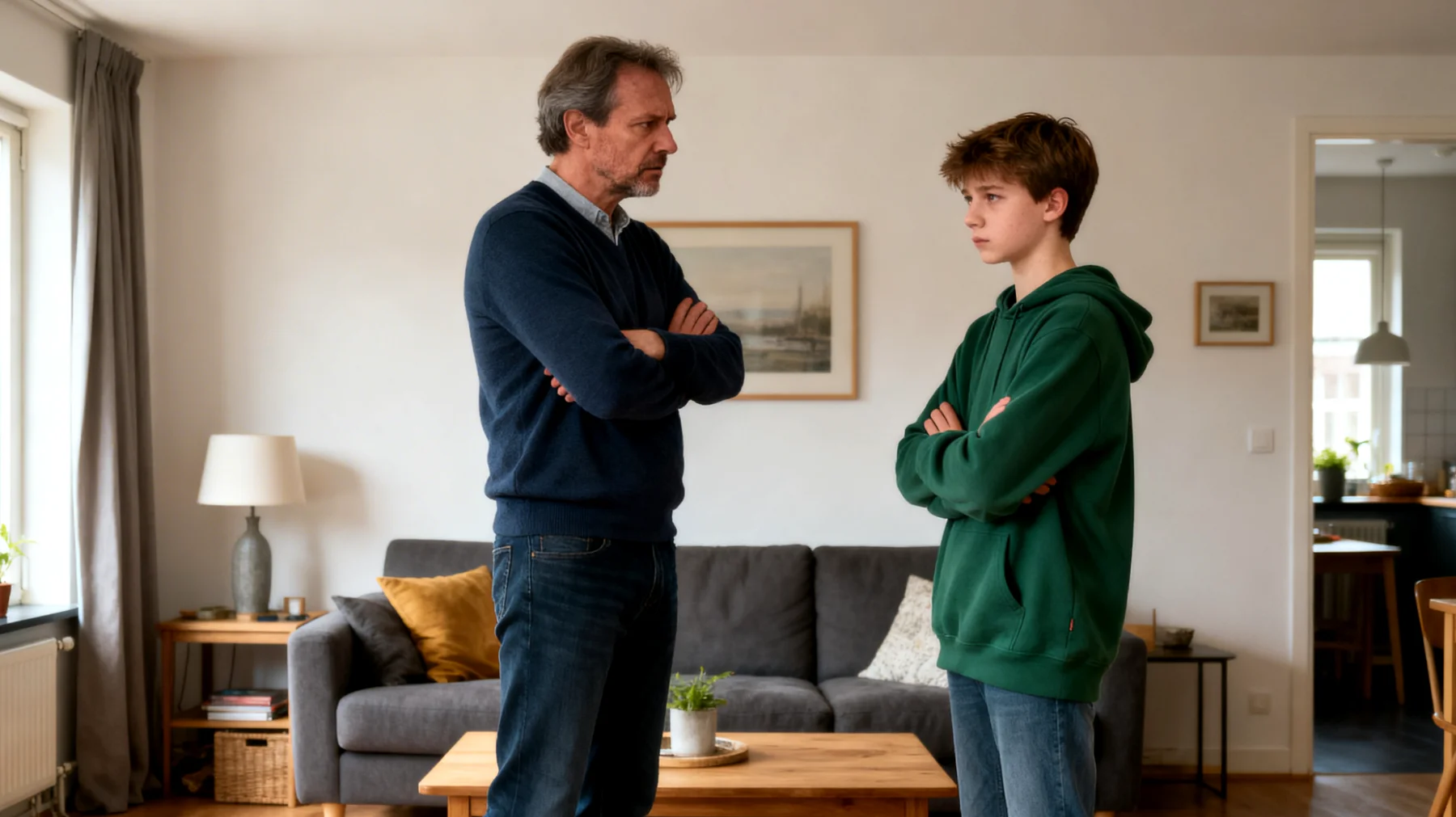 Een vader die worstelt met de impulsiviteit, rebellie en opstandig gedrag van zijn adolescente kind, met moeite om effectief te reageren op uitdagend gedrag zonder de relatie te beschadigen"