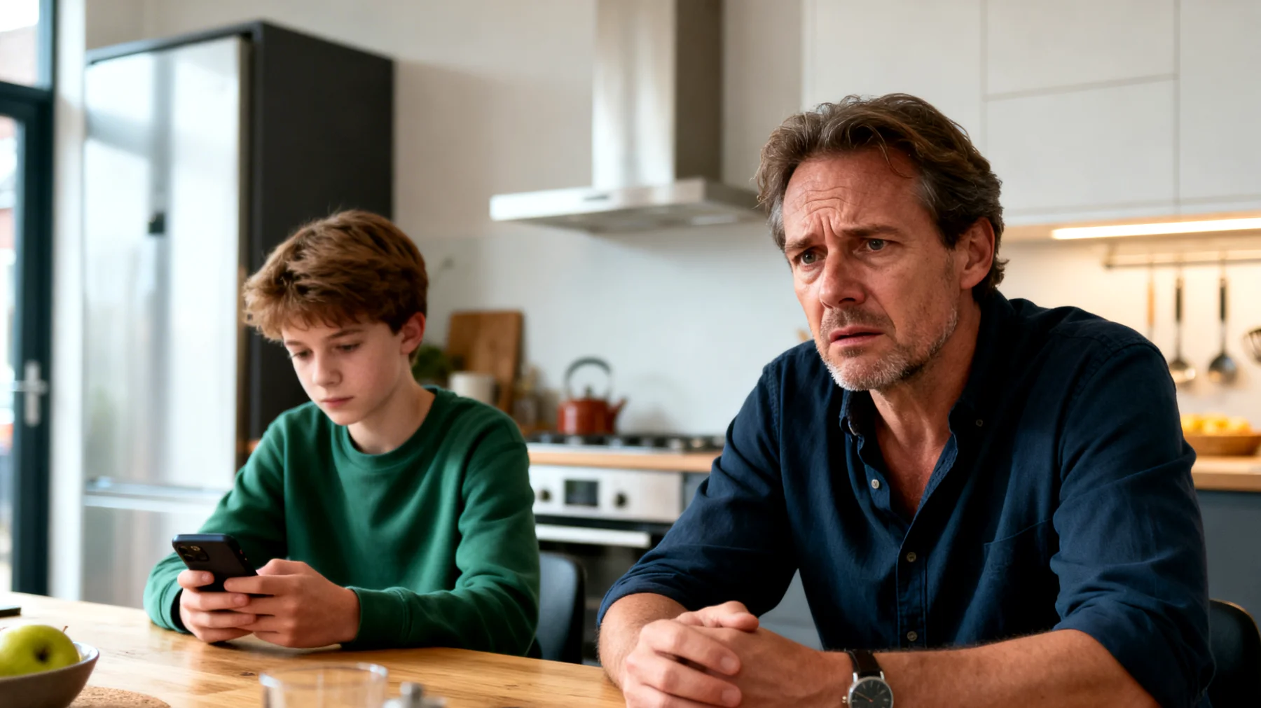 Vader die worstelt met het onjuist of risicovol gebruik van sociale media door zijn adolescent kind"