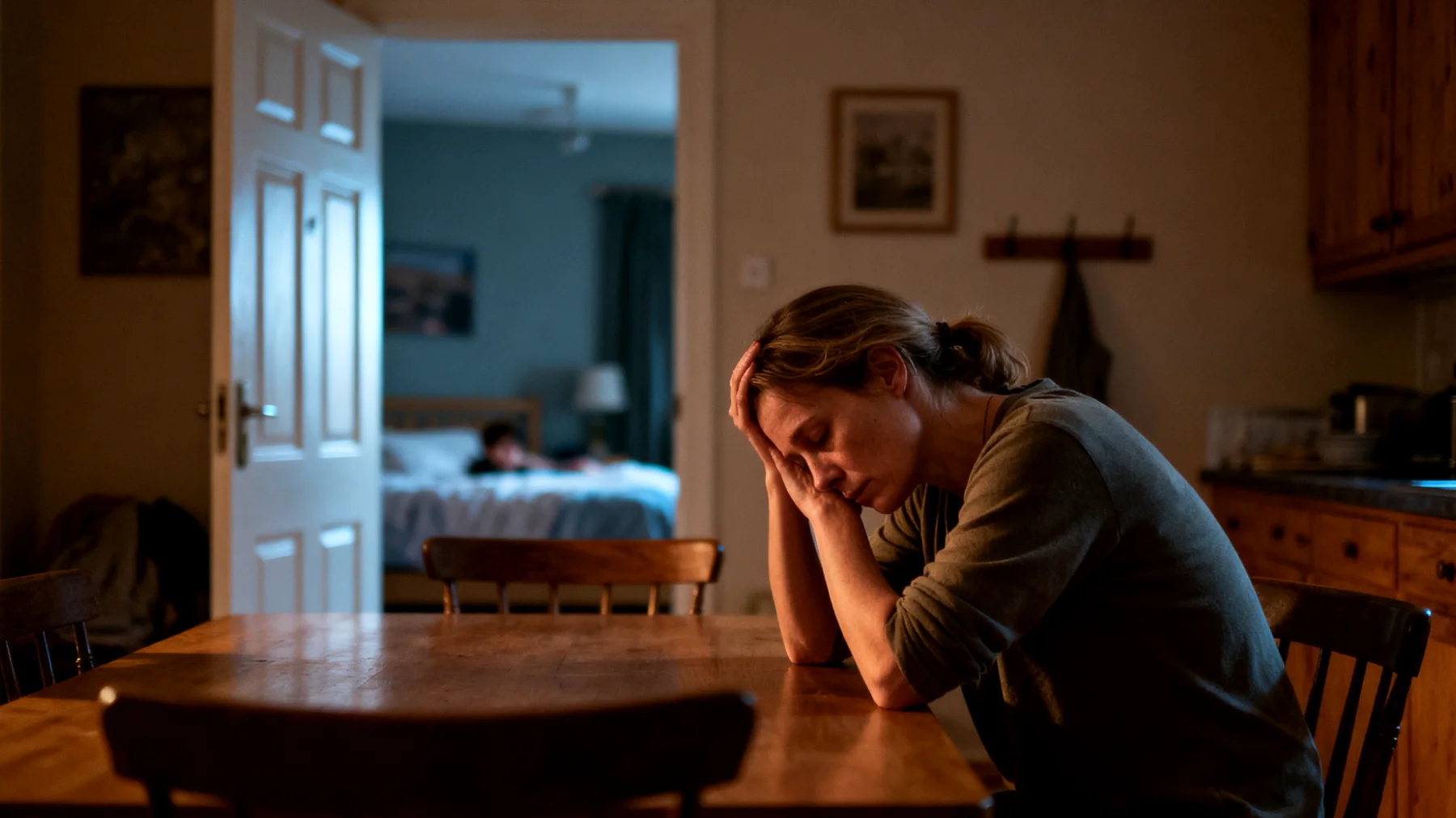 Een moeder worstelt met intense schuldgevoelens over haar opvoeding van haar adolescente kinderen, twijfelt constant aan haar beslissingen en heeft het gevoel tekort te schieten in haar moederrol"