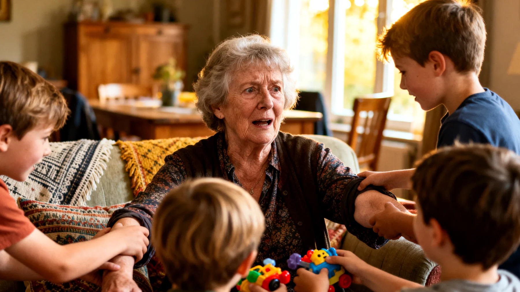 Oma heeft moeite om 'nee' te zeggen tegen haar kleinkinderen, waardoor zij te vaak toegeeft aan hun verzoeken en wensen, wat kan leiden tot onduidelijke grenzen en mogelijk conflict met de ouders over de opvoeding."
