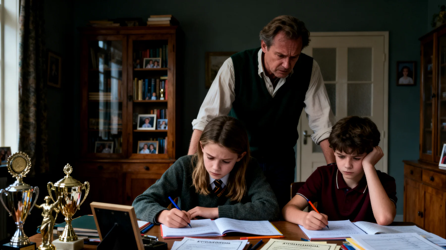 Vader legt te veel druk op zijn kinderen door hoge verwachtingen op het gebied van school, sport en prestaties, waardoor de kinderen stress ervaren en de relatie onder spanning staat."