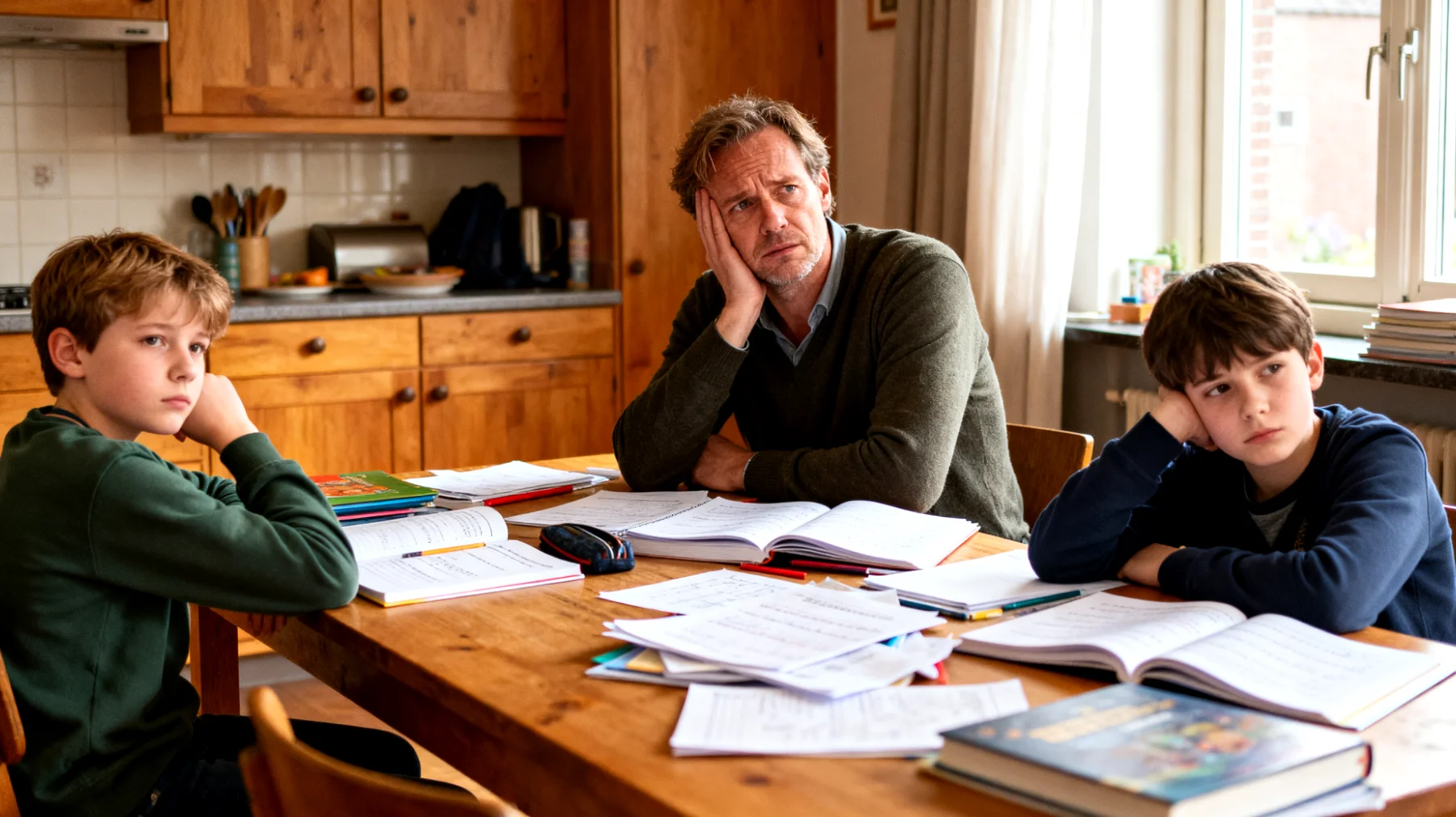 Vader ervaart moeilijkheden in het motiveren van zijn kinderen voor schoolwerk en het omgaan met hun lage studieprestaties en gebrek aan interesse voor leren"